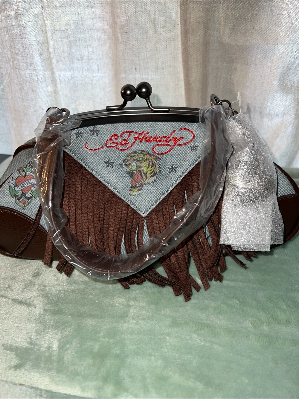 Ed Hardy Brown & Denim Fringed Kiss-Lock Crossbody Bag - Picture 10 of 10